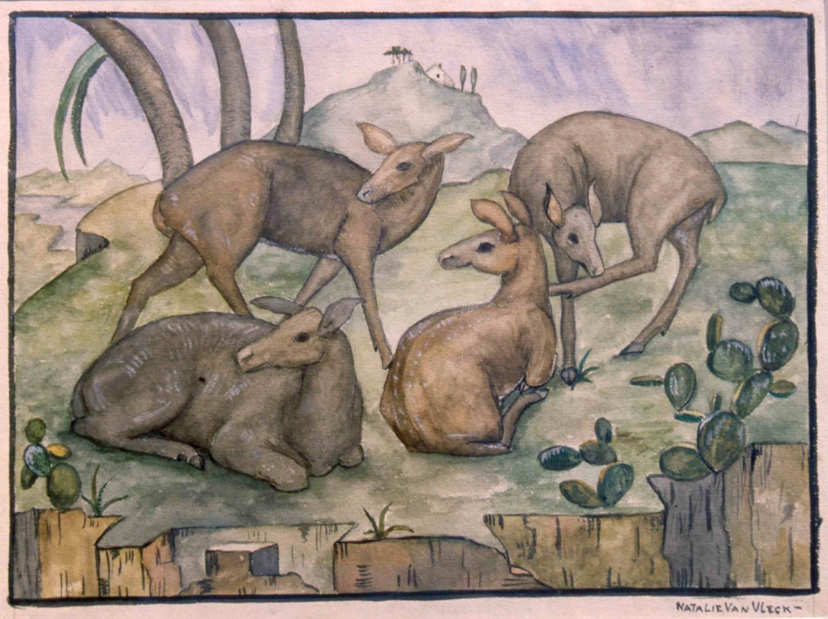Four Deer, Italian Hill Town. Gouache.  9 x 12 1/8                      