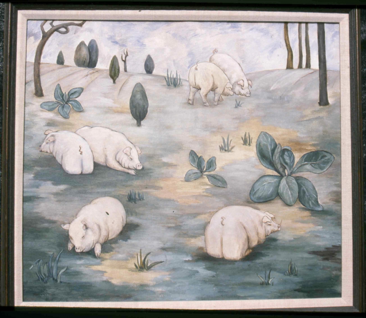 Pigs in a Landscape, Woodbury. Oil on canvas. 21 ½  x 24 ½ ,  1927-1929.                    