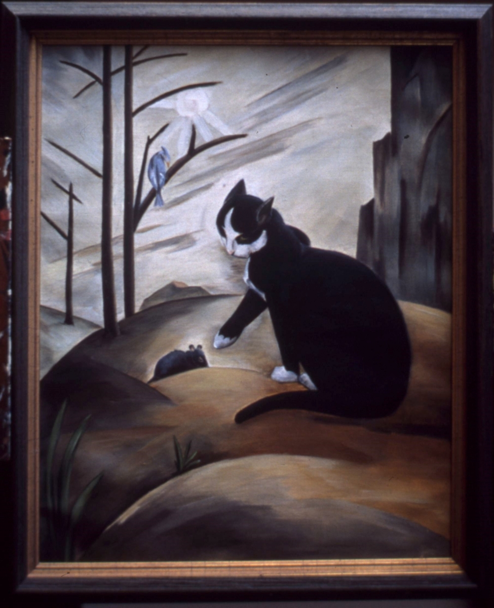 Black Cat, Tufted Titmouse, and Mouse, Woodbury, oil on canvas. 20 x 16.                    