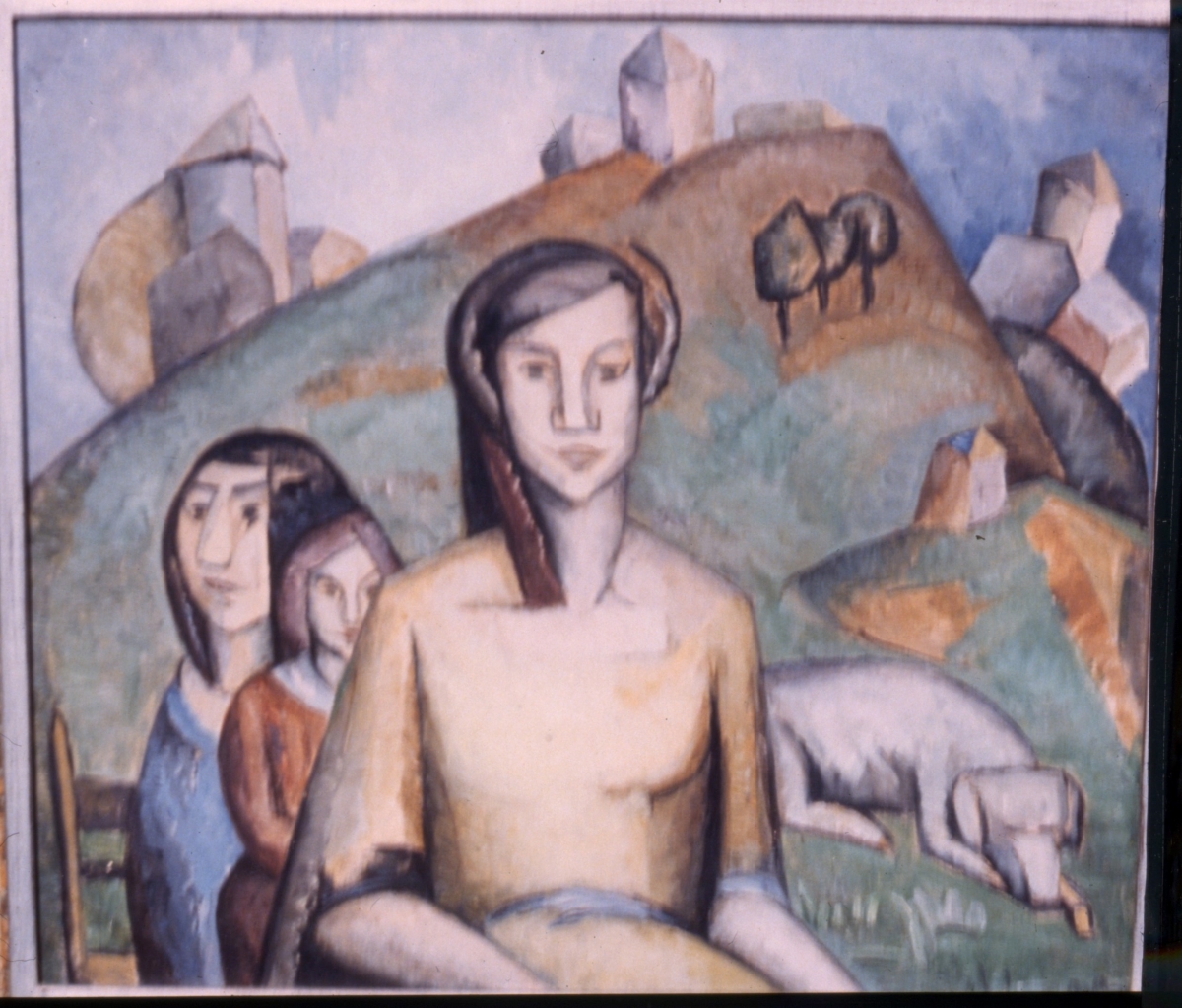 Three Women, Dog, in Abstract Country Landscape. Oil on canvas, 22 x 25, s, 1923.          