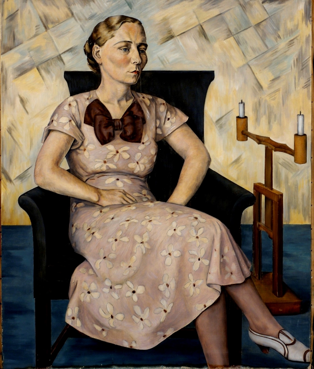 Seated Blonde Woman with Candle-stand on Left, Woodbury, Oil. 36 x 30         