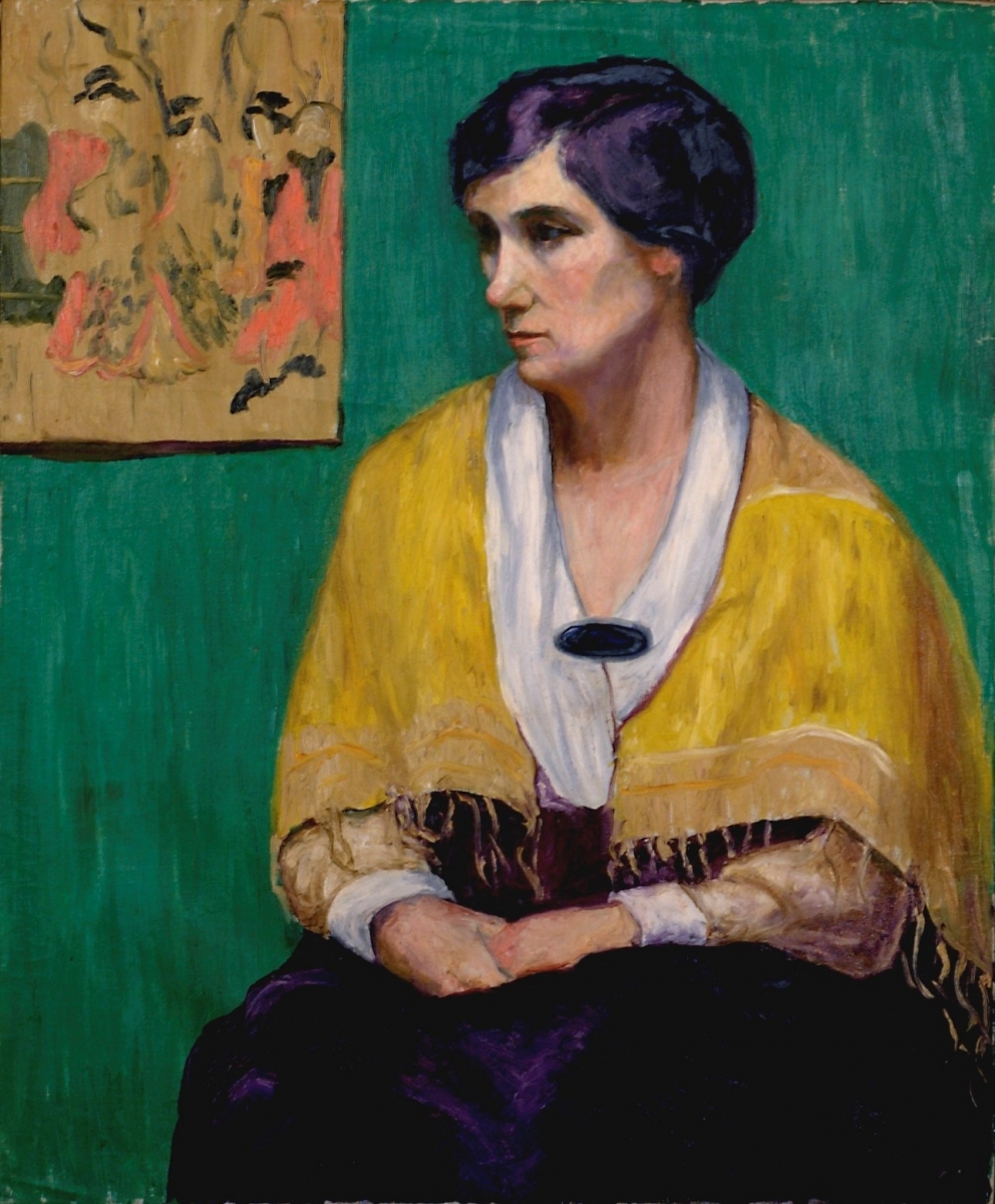 Lady with Yellow Shawl, Japanese Print on Wall, Oil on canvas, 30 x 25             