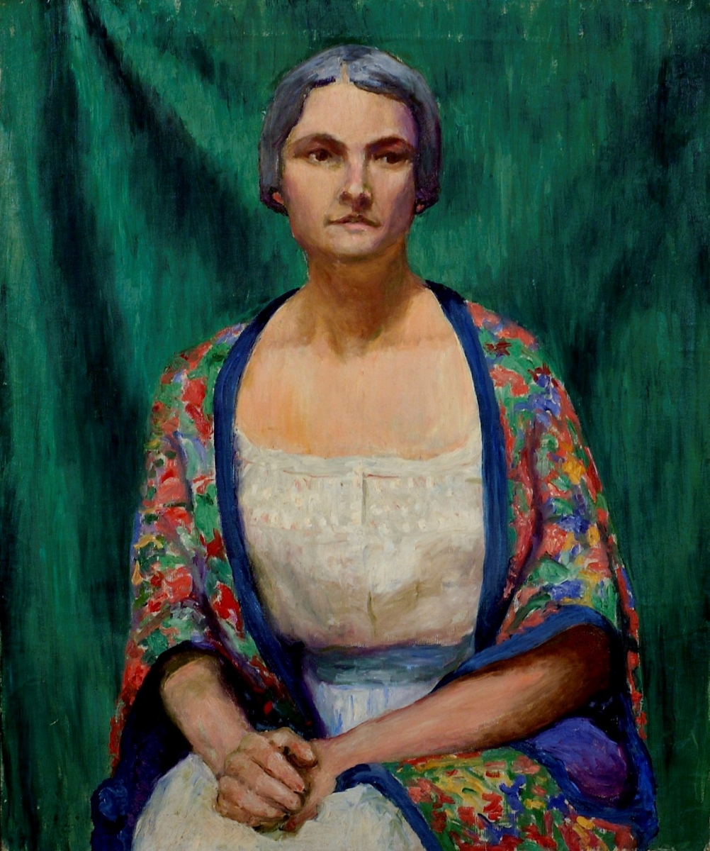 Lady, Grey-Haired, with Printed Shawl. Oil on canvas. 30 x 25.            