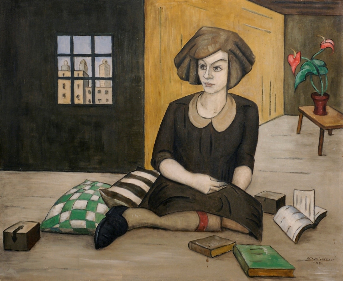 Portrait of Girl Seated on Floor, in Brown Dress, New York, (Elsie Driggs), Oil on board, 25 x 30, s, 1925         