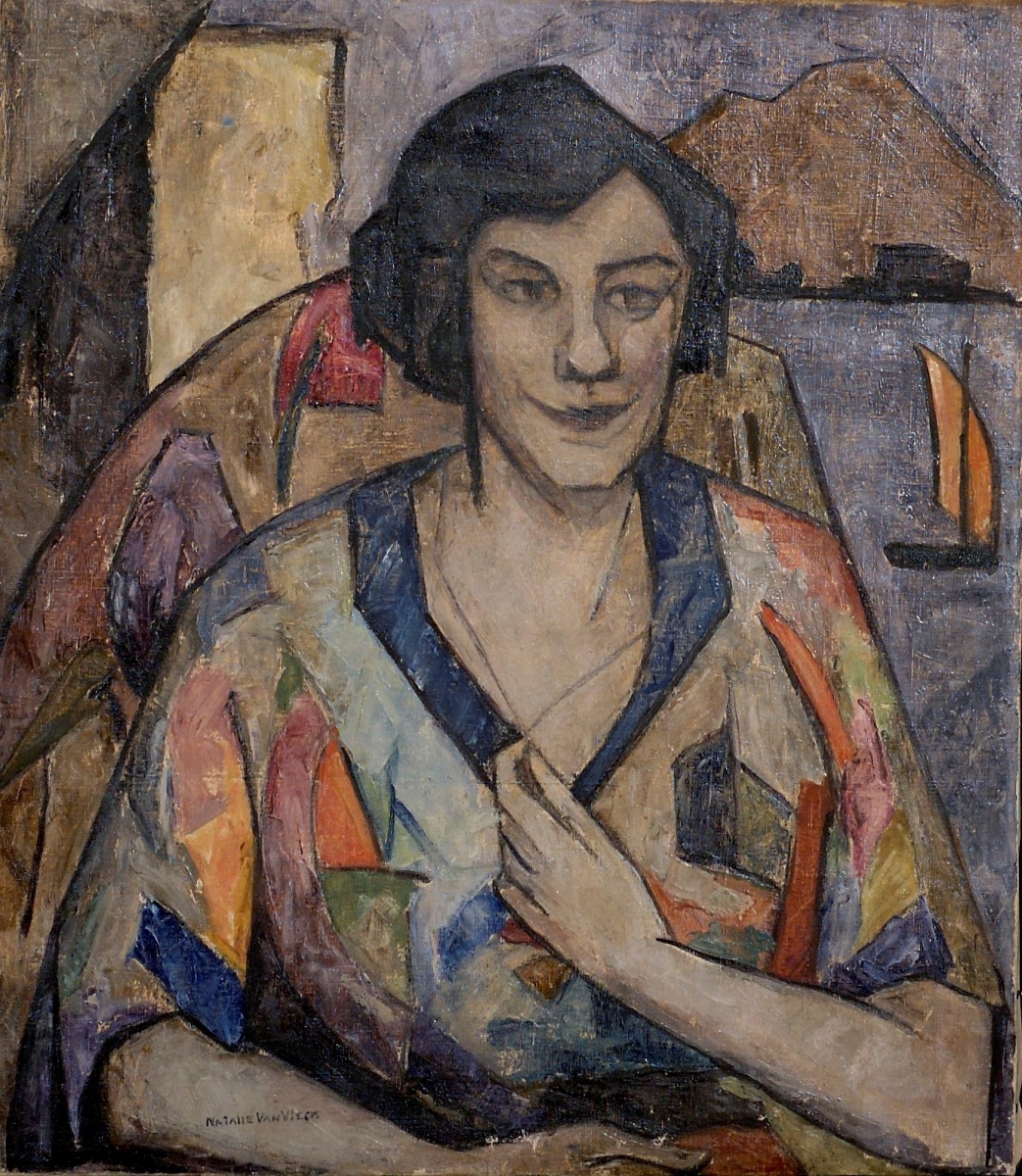 Woman in Multicolored Blouse with Sailboat, Mediterranean, (Portrait of Elsie Driggs), Oil on canvas, 25 x 22        