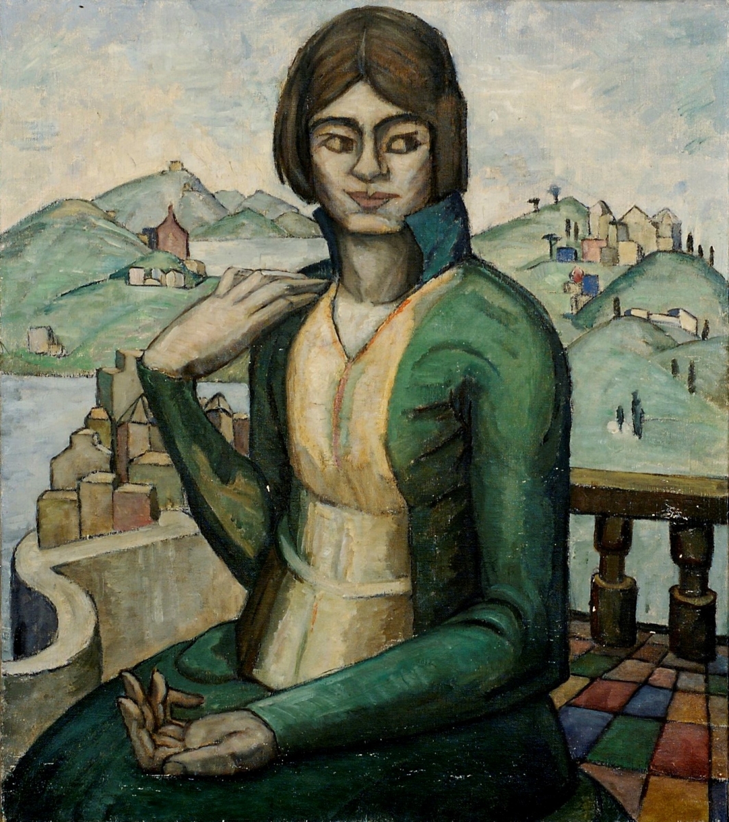 Portrait of a Woman against Tiled Floor and Balustrade (Italy?), Oil on canvas, 25 x 22         