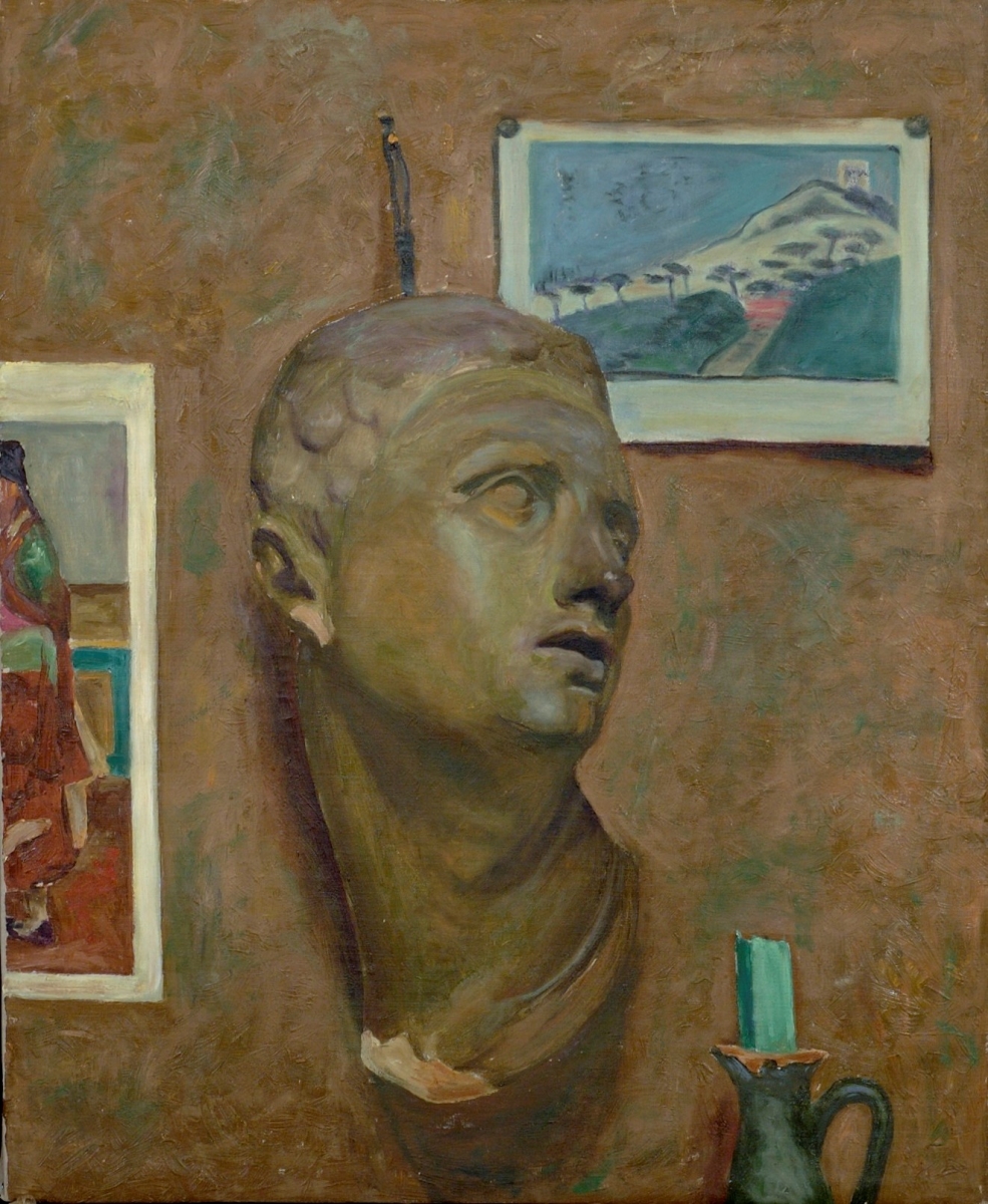 Still Life; Plaster Head on Wall, Two Japanese Prints in Background, Oil on canvas, 24 ½ x 20, c. 1917–1919          