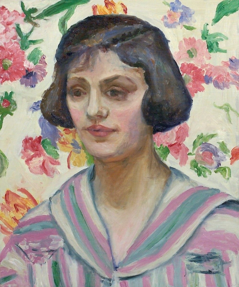 Portrait of Young Girl with Dark Hair, Striped Blouse against Floral Wall, Oil on canvas         