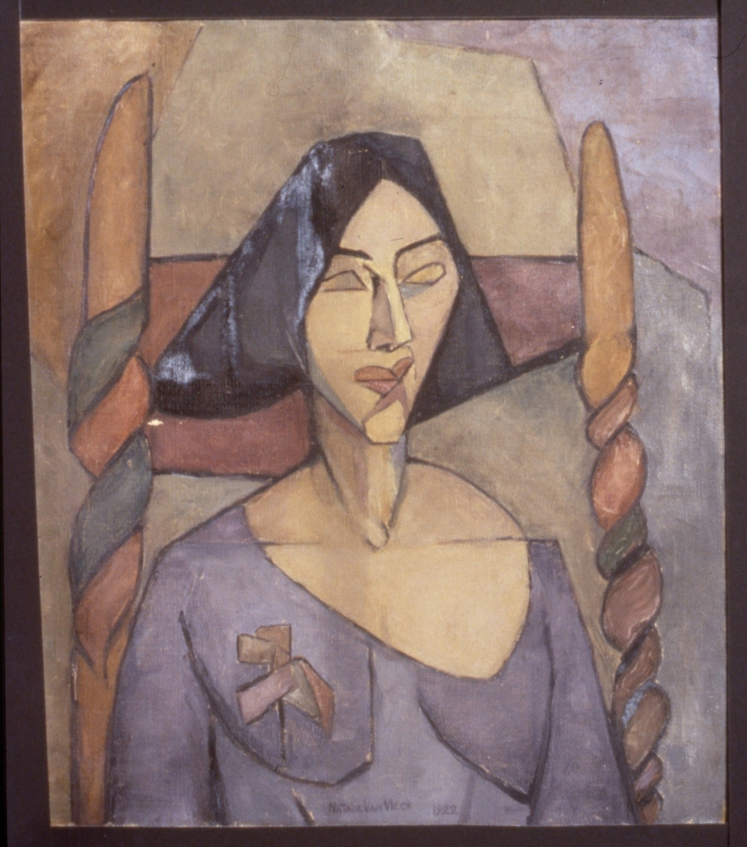Portrait of Woman with Black Pyramidal Hair in Chair with Spiral Posts, slc, 24 ¾  x 22, 1922.         