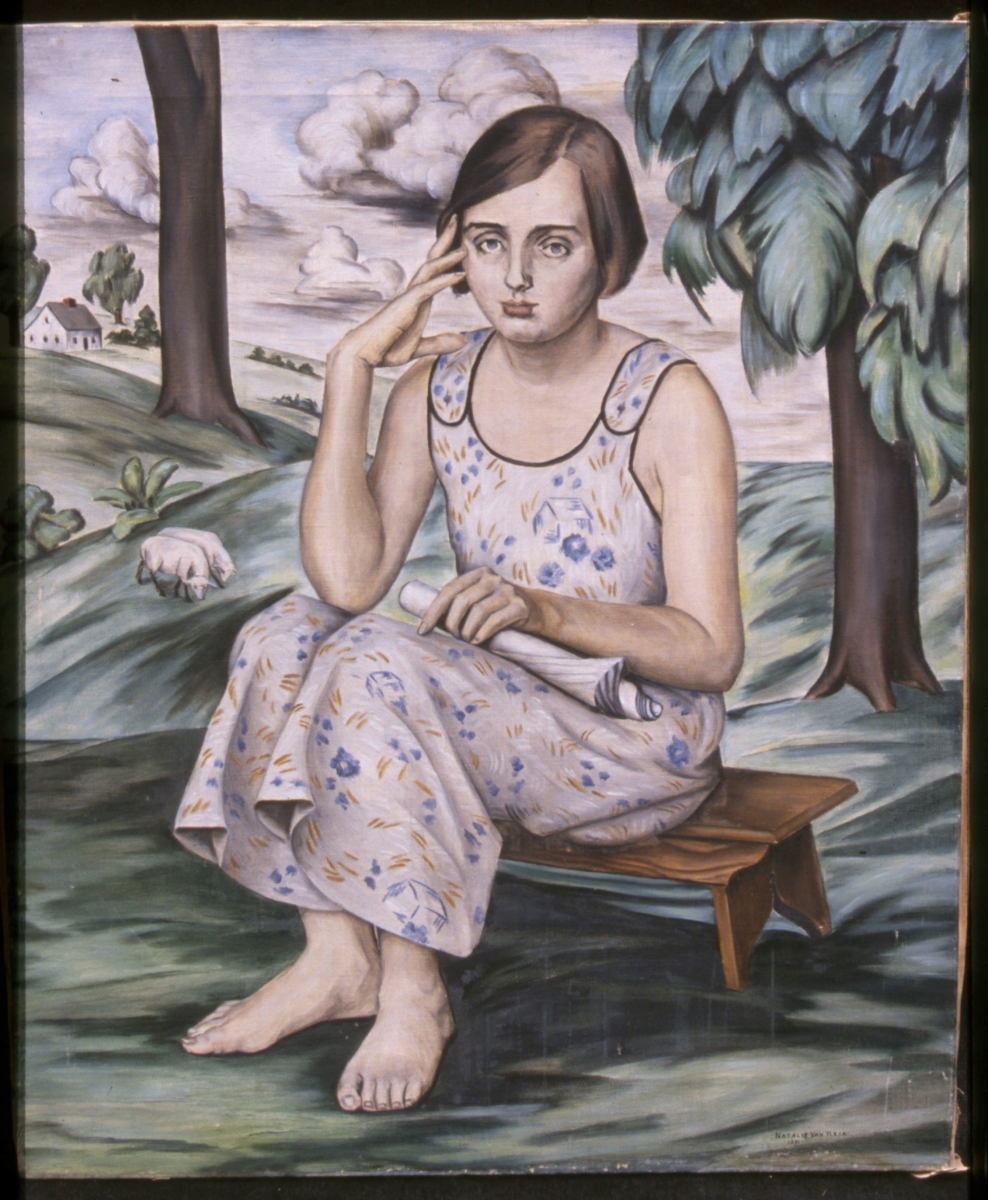 Girl in Sun Dress with Sheep and Farm House (Portrait of Louise Hayward), Woodbury, oil on canvas, slr. 30 x 25; 1931.             