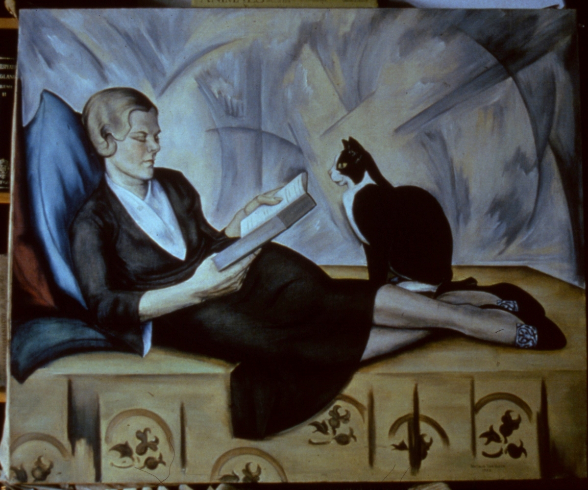 Woman Reading with Black and White Cat, Oil on canvas, 30 x 36; slr, 1932.         