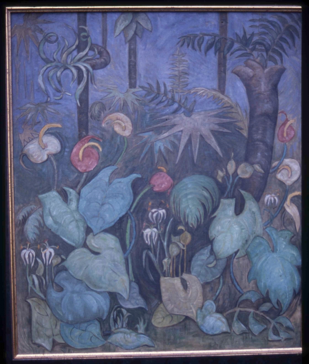 Jungle Scene with Antheriums, Exotic Foliage, Oil on canvas, 42 x 36            
