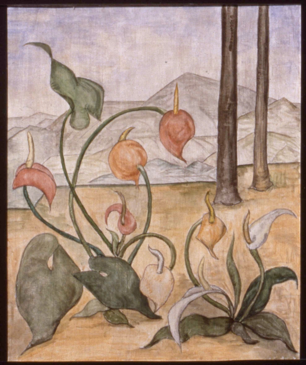 Antheriums Against Distant Mountains, Oil on canvas, 24 x 19 ¾ , c. 1930            