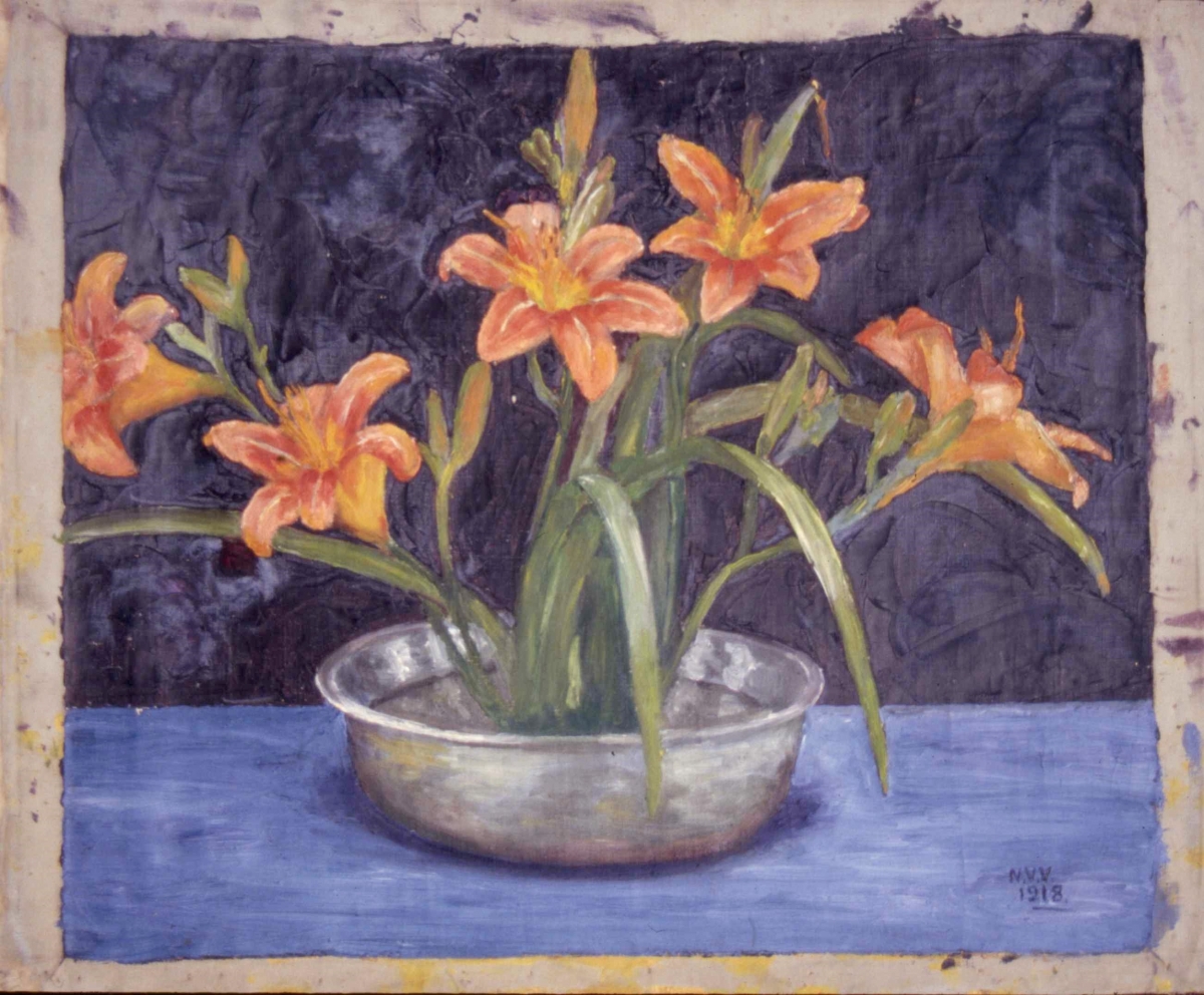 Day Lilies in Low Pewter Bowl, Morristown, N.J., Oil pn canvas, 17 x 20; slr, 1918           