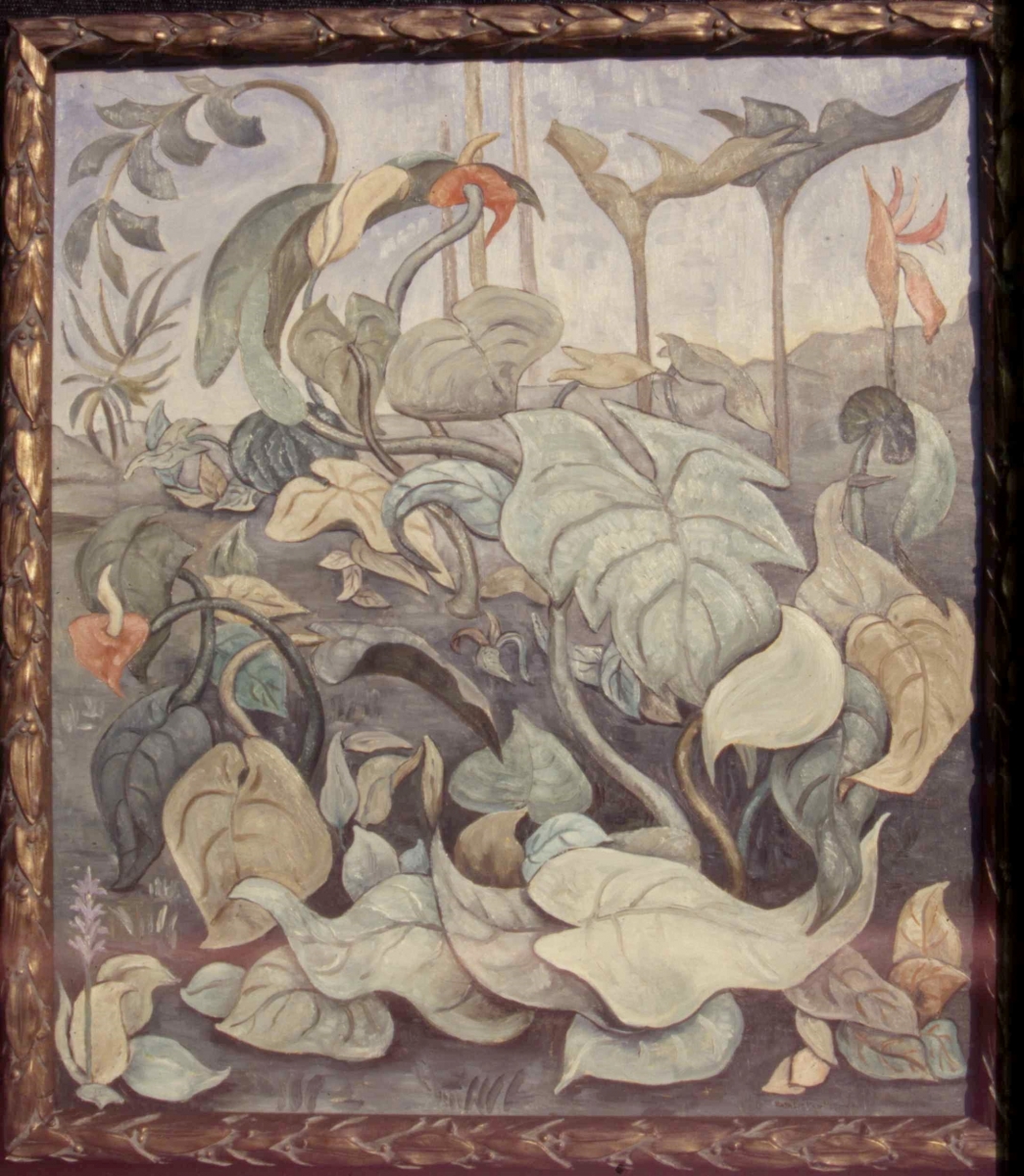 Exotic Foliage and Orchid against Distant Mountain, (Tahiti?), Oil, 25 x 22, c. 1930           