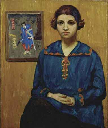 Young Woman in Blue Blouse, Japanese Print on Yellow Wall. Oil, 30 x x25 in., ca. 1920                             