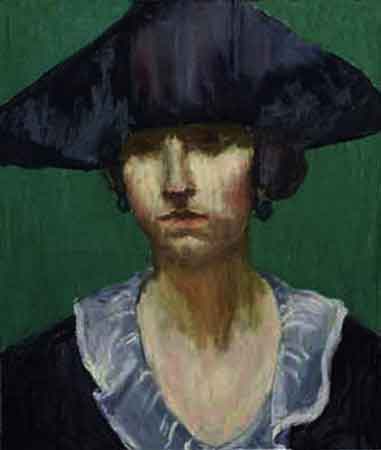 Girl with Dark hair, Tricorne Hat, Green Wall. Oil, 16-3/4 x 14 in., ca. 1918                             