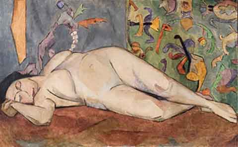 Cubist Reclining Female Nude, with Fantastic Colored Background. Oil, 26-1/4 x 42-3/4 in., 1922                           