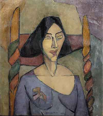 Portrait of Woman with Black Pyramidal Hair in Chair with Spiral Posts. Oil, 24-3/4 x 22 in., 1922                            