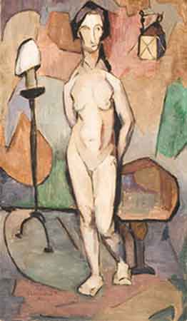 Standing Nude with Tripod Lamp, Table from Studio. Oil, 24 x 14 in., 1922                         